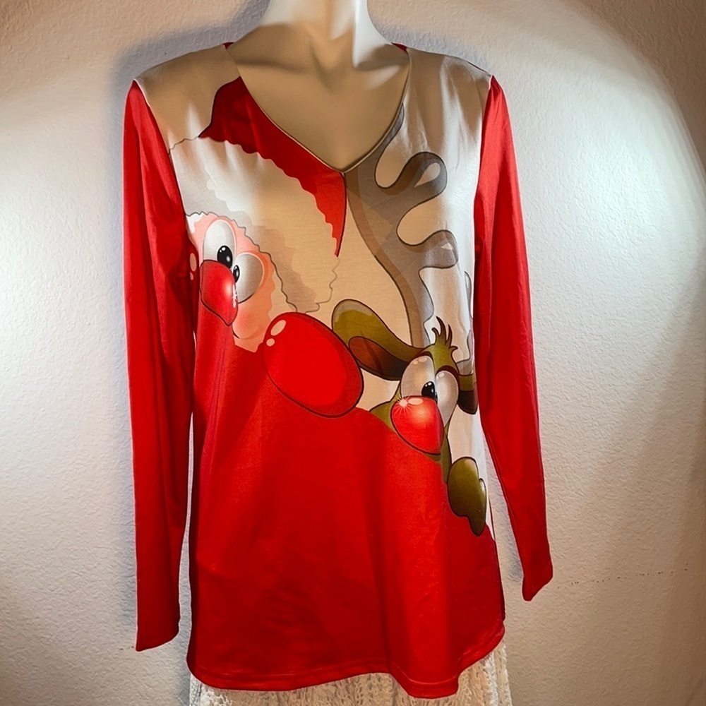 NORACORA Long Sleeve Holiday Shirt with Santa Rudolph  Women Size LARGE L RED